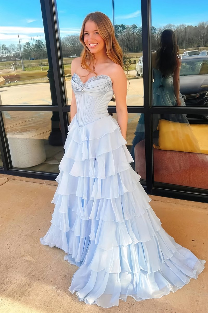 Pink Sweetheart A Line Chiffon Ruffled Long Formal Prom Dresses With Beading