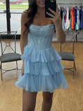 Sky Blue - Strapless A Line Chiffon Beaded Homecoming Dress With Ruffles