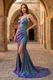 Purple Iridescent Sequins Spaghetti Straps Lace-Up Mermaid Long Prom Dress with Slit
