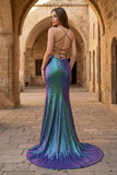 Purple Iridescent Sequins Spaghetti Straps Lace-Up Mermaid Long Prom Dress with Slit