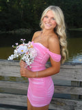Pink Off The Shoulder Tulle Short Homecoming & Cocktail Dresses