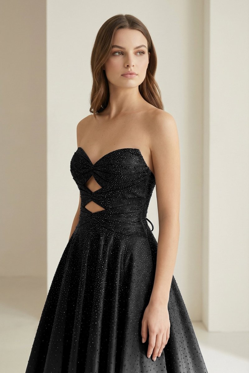 Sky Blue Sweetheart A Line Satin Beaded Long Prom Dresses With Cutout