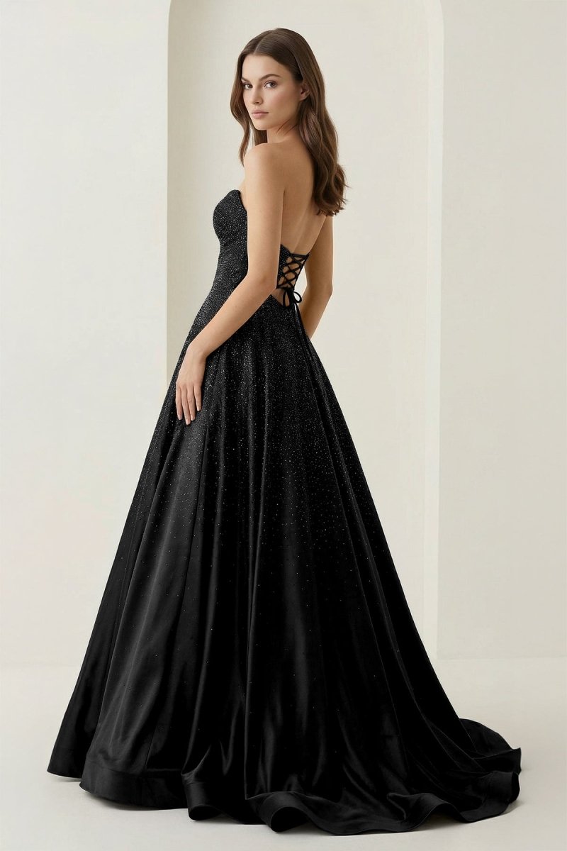 Sky Blue Sweetheart A Line Satin Beaded Long Prom Dresses With Cutout