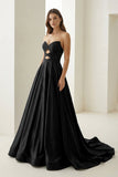 Sky Blue Sweetheart A Line Satin Beaded Long Prom Dresses With Cutout