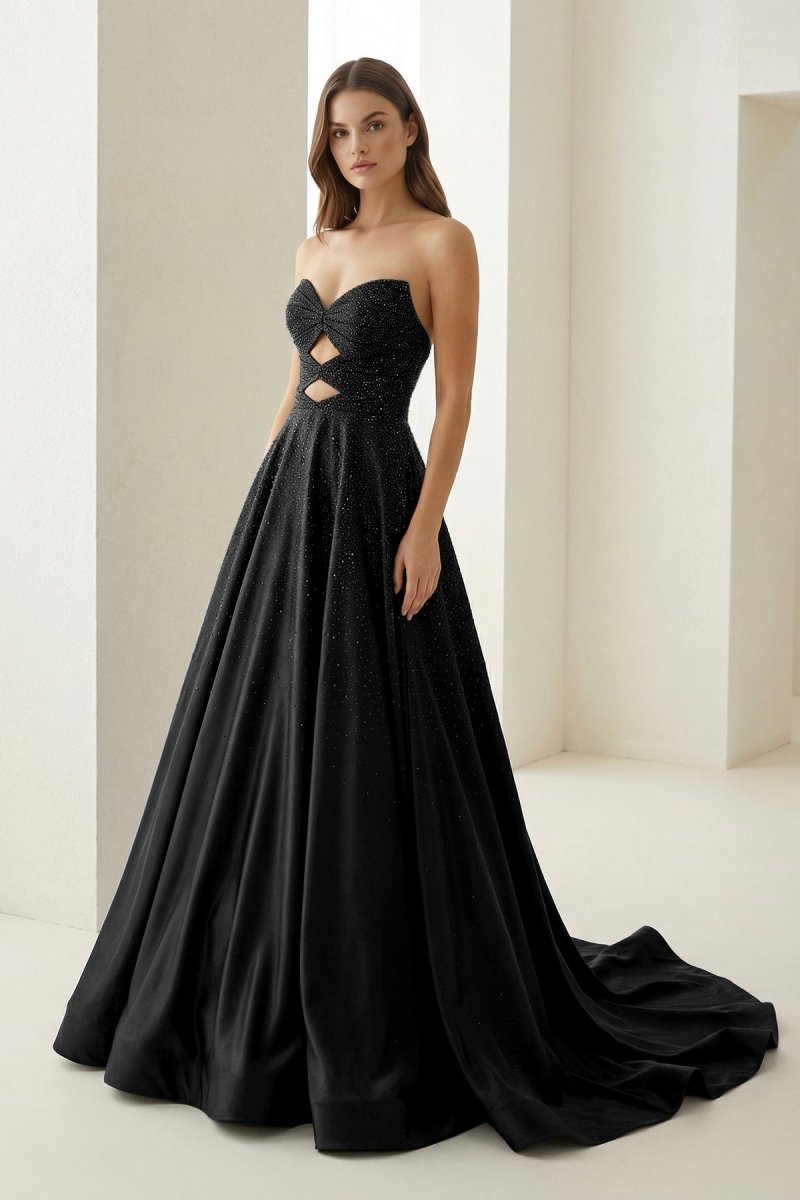 Sky Blue Sweetheart A Line Satin Beaded Long Prom Dresses With Cutout