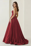 Sky Blue Sweetheart A Line Satin Beaded Long Prom Dresses With Cutout
