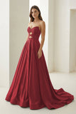 Sky Blue Sweetheart A Line Satin Beaded Long Prom Dresses With Cutout