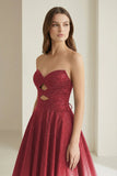 Sky Blue Sweetheart A Line Satin Beaded Long Prom Dresses With Cutout
