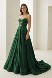 Sky Blue Sweetheart A Line Satin Beaded Long Prom Dresses With Cutout