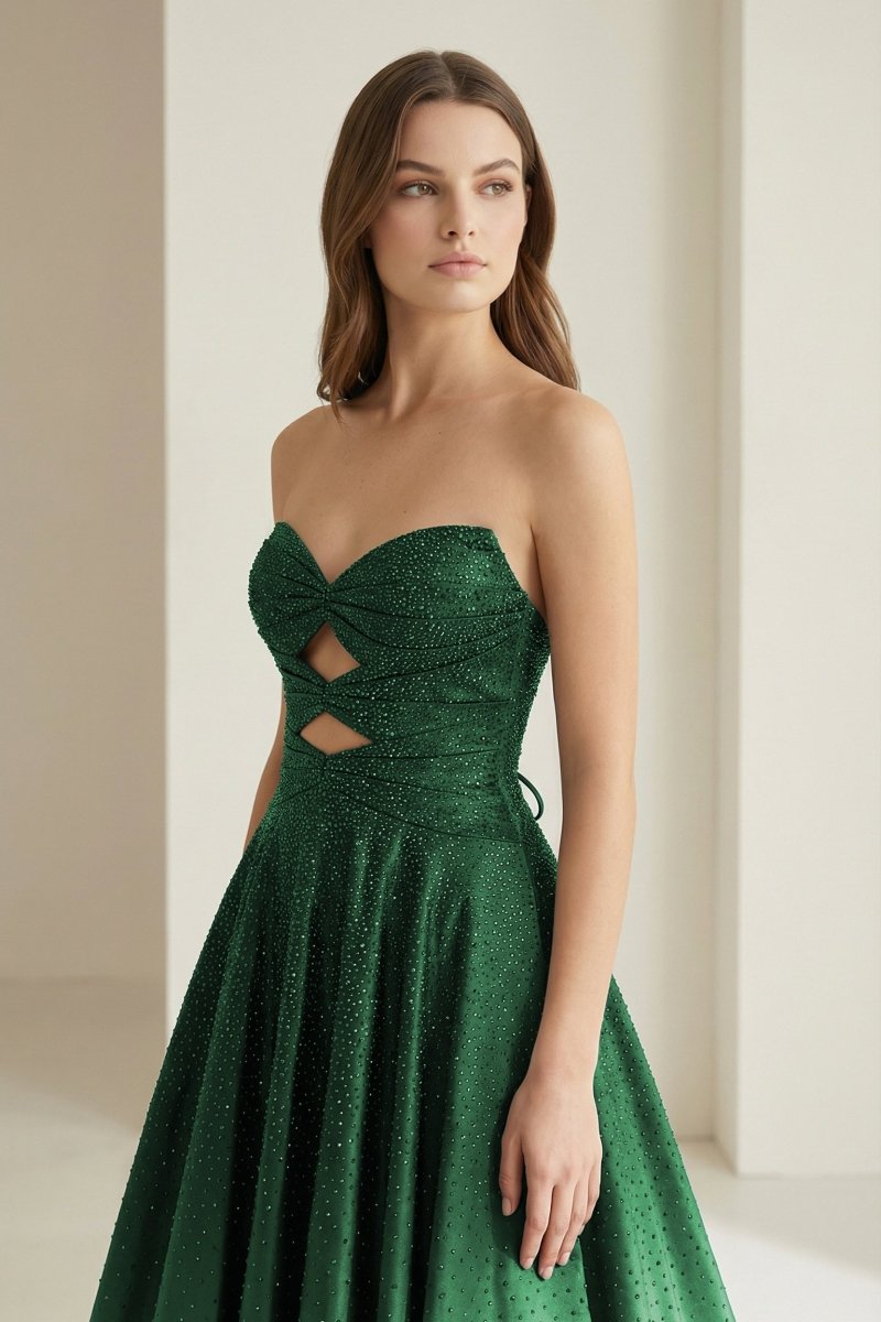 Sky Blue Sweetheart A Line Satin Beaded Long Prom Dresses With Cutout
