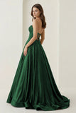 Sky Blue Sweetheart A Line Satin Beaded Long Prom Dresses With Cutout