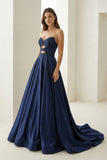 Sky Blue Sweetheart A Line Satin Beaded Long Prom Dresses With Cutout