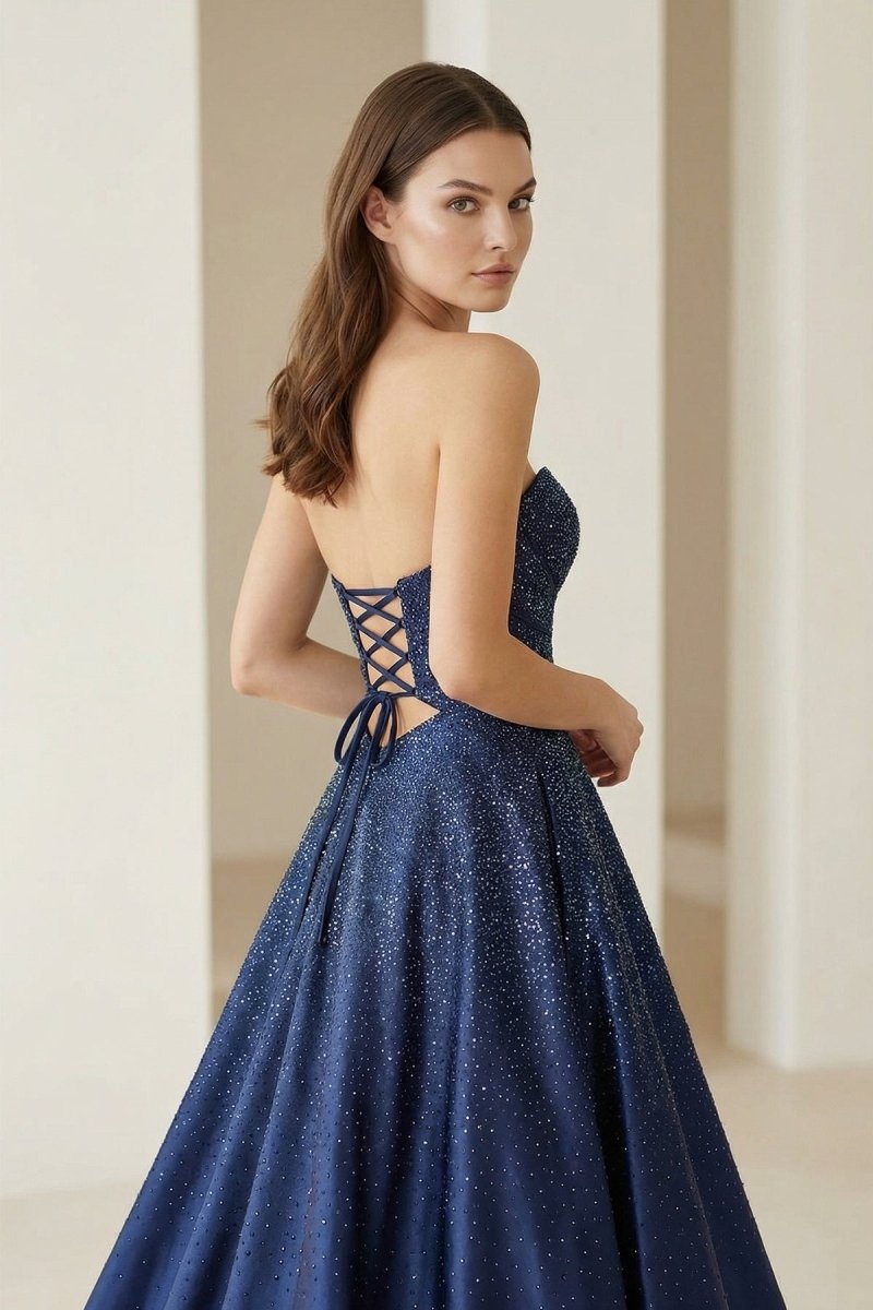 Sky Blue Sweetheart A Line Satin Beaded Long Prom Dresses With Cutout