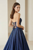 Sky Blue Sweetheart A Line Satin Beaded Long Prom Dresses With Cutout