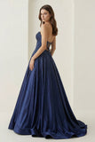 Sky Blue Sweetheart A Line Satin Beaded Long Prom Dresses With Cutout