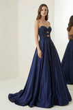 Sky Blue Sweetheart A Line Satin Beaded Long Prom Dresses With Cutout