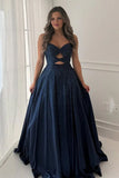 Sky Blue Sweetheart A Line Satin Beaded Long Prom Dresses With Cutout