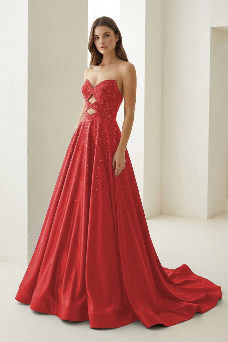 Sky Blue Sweetheart A Line Satin Beaded Long Prom Dresses With Cutout
