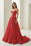 Sky Blue Sweetheart A Line Satin Beaded Long Prom Dresses With Cutout