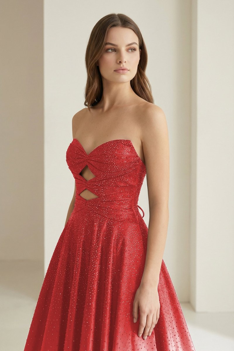 Sky Blue Sweetheart A Line Satin Beaded Long Prom Dresses With Cutout