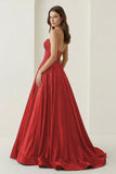 Sky Blue Sweetheart A Line Satin Beaded Long Prom Dresses With Cutout