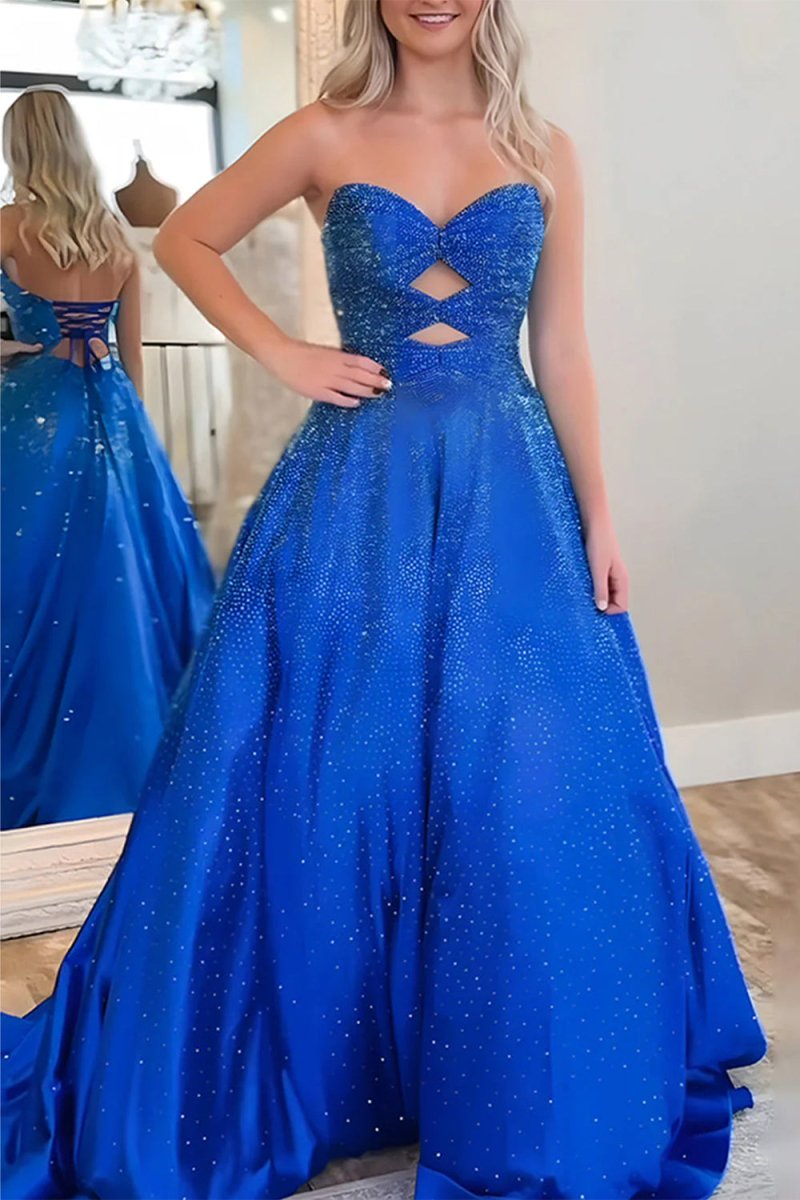 Sky Blue Sweetheart A Line Satin Beaded Long Prom Dresses With Cutout