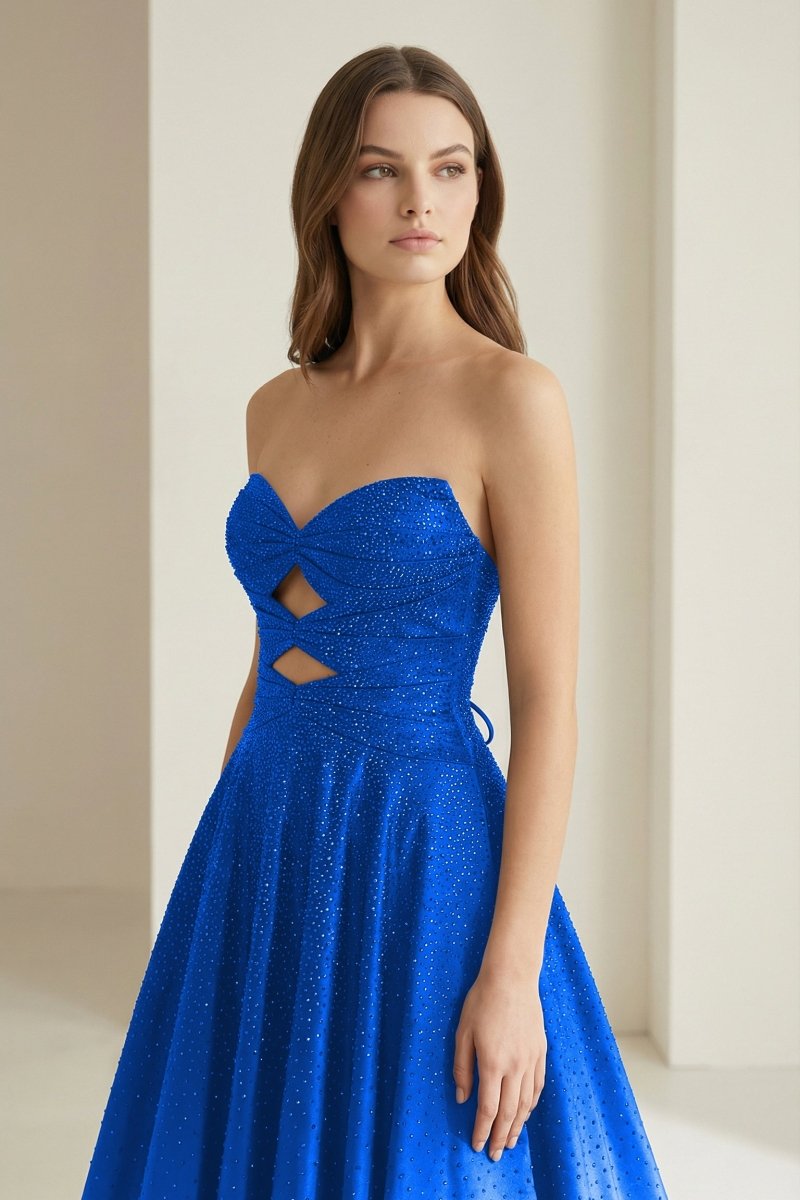 Sky Blue Sweetheart A Line Satin Beaded Long Prom Dresses With Cutout
