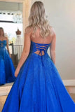 Sky Blue Sweetheart A Line Satin Beaded Long Prom Dresses With Cutout