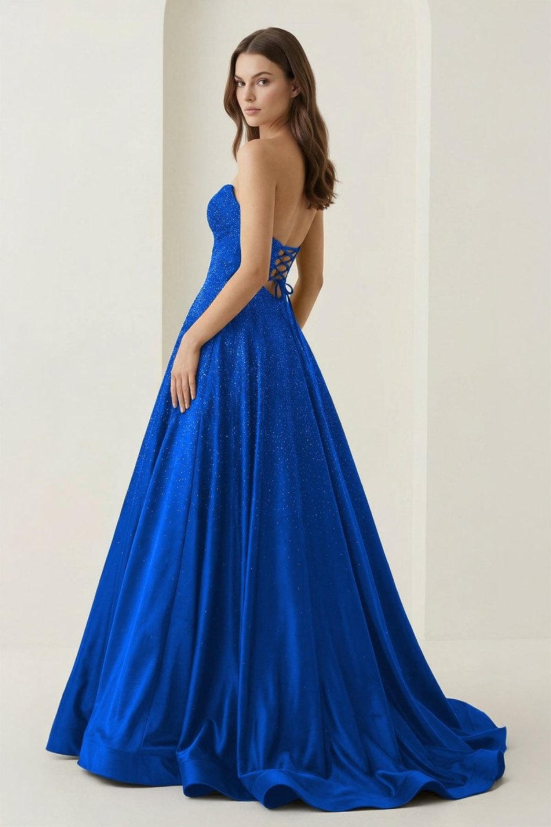 Sky Blue Sweetheart A Line Satin Beaded Long Prom Dresses With Cutout