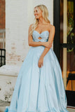 Sky Blue Sweetheart A Line Satin Beaded Long Prom Dresses With Cutout