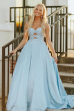 Sky Blue Sweetheart A Line Satin Beaded Long Prom Dresses With Cutout