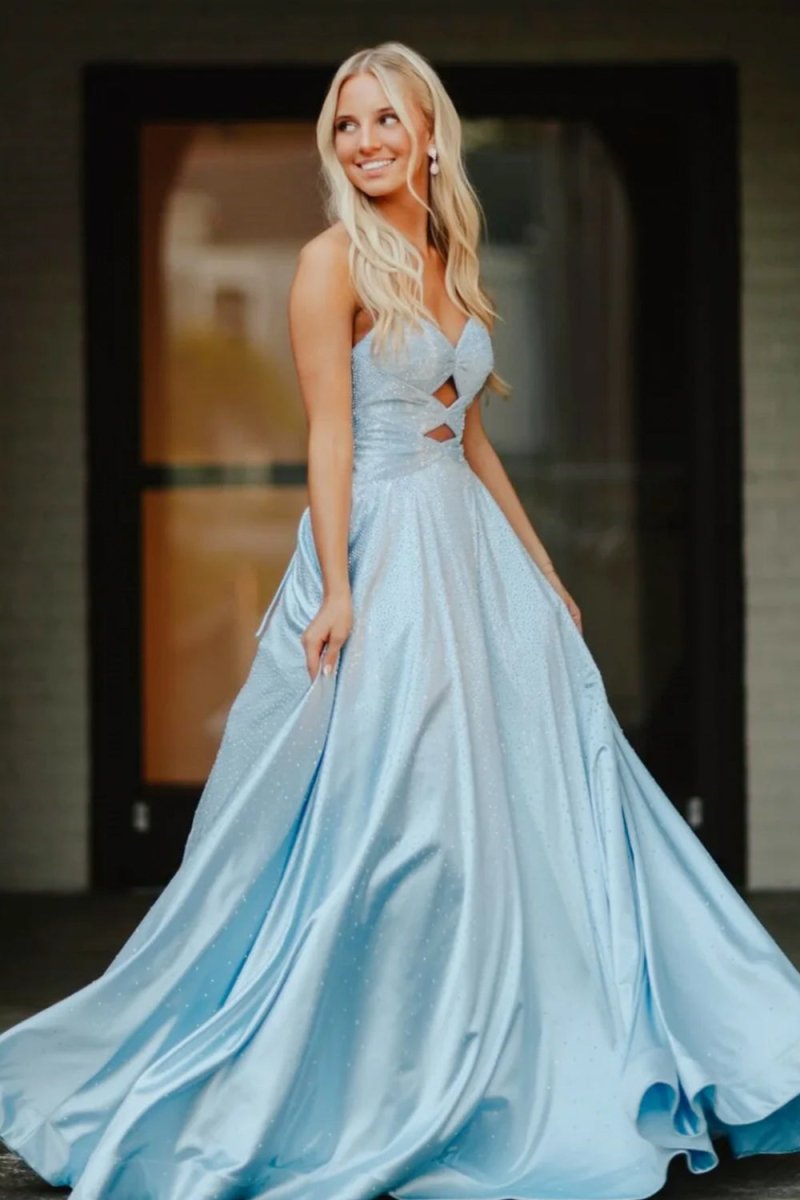 Sky Blue Sweetheart A Line Satin Beaded Long Prom Dresses With Cutout