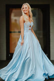 Sky Blue Sweetheart A Line Satin Beaded Long Prom Dresses With Cutout