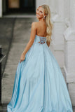 Sky Blue Sweetheart A Line Satin Beaded Long Prom Dresses With Cutout