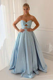 Sky Blue Sweetheart A Line Satin Beaded Long Prom Dresses With Cutout