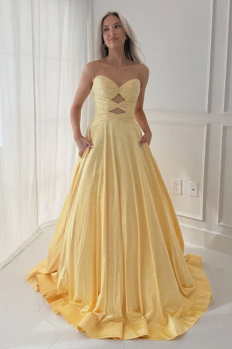 Sky Blue Sweetheart A Line Satin Beaded Long Prom Dresses With Cutout