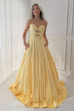 Sky Blue Sweetheart A Line Satin Beaded Long Prom Dresses With Cutout