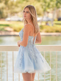 A-Line Spaghetti-Straps Sky Blue Lace Homecoming Dress With Appliques