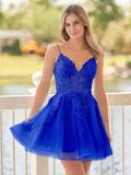 A-Line Spaghetti-Straps Sky Blue Lace Homecoming Dress With Appliques