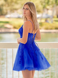 A-Line Spaghetti-Straps Sky Blue Lace Homecoming Dress With Appliques