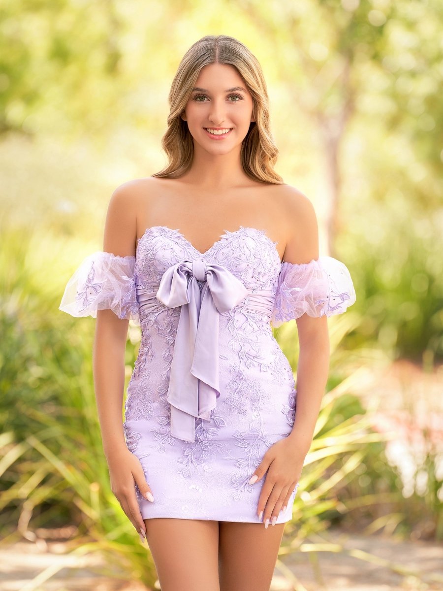 Sheath Sweetheart Lace Bow Short Homecoming Dress with Puff Sleeves