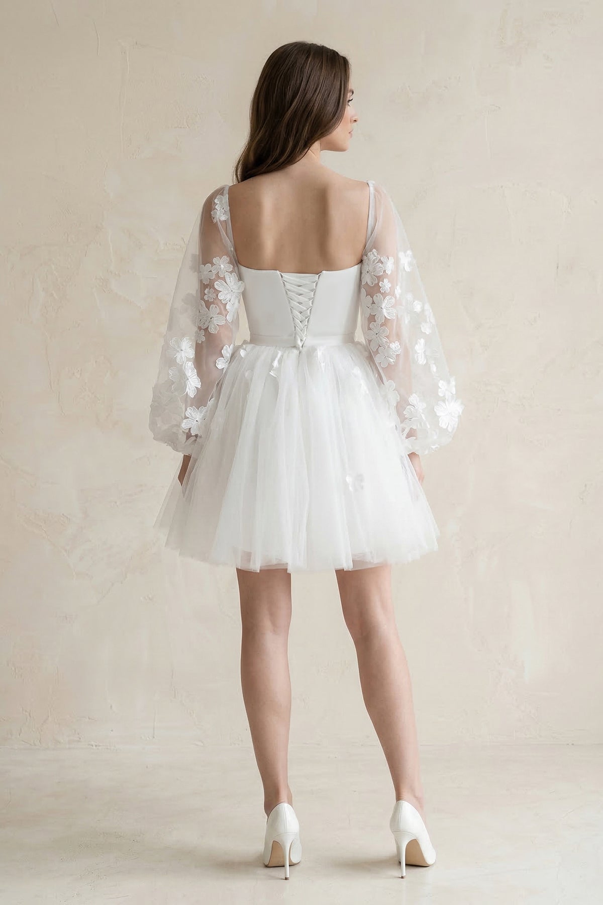 Appliqued A-Line Tulle Strapless Mini Wedding Dress With Sleeves in White