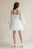 Appliqued A-Line Tulle Strapless Mini Wedding Dress With Sleeves in White