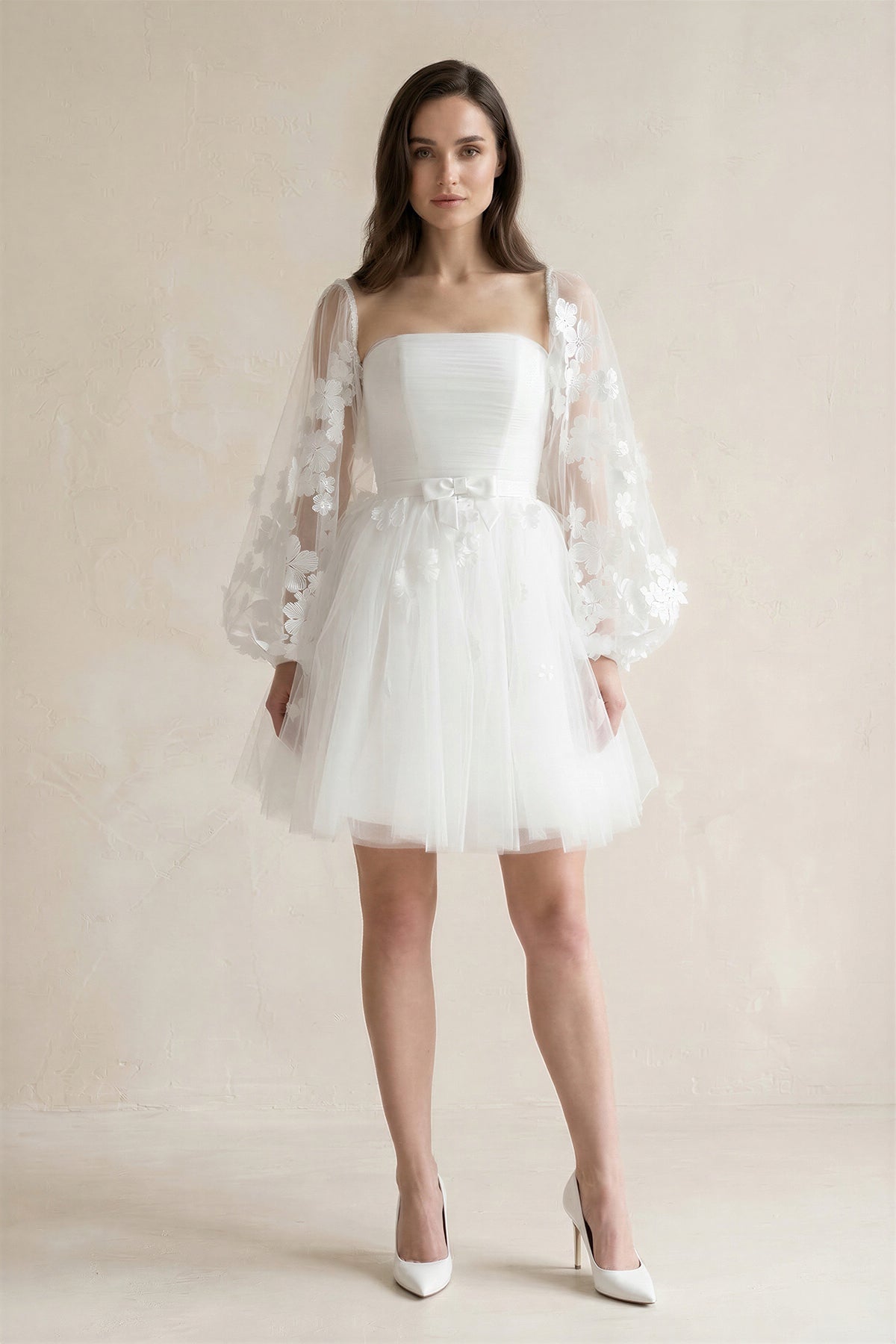 Appliqued A-Line Tulle Strapless Mini Wedding Dress With Sleeves in White