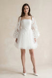 Appliqued A-Line Tulle Strapless Mini Wedding Dress With Sleeves in White