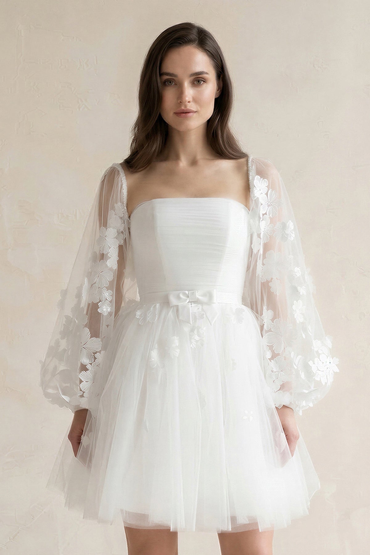 Appliqued A-Line Tulle Strapless Mini Wedding Dress With Sleeves in White