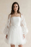 Appliqued A-Line Tulle Strapless Mini Wedding Dress With Sleeves in White