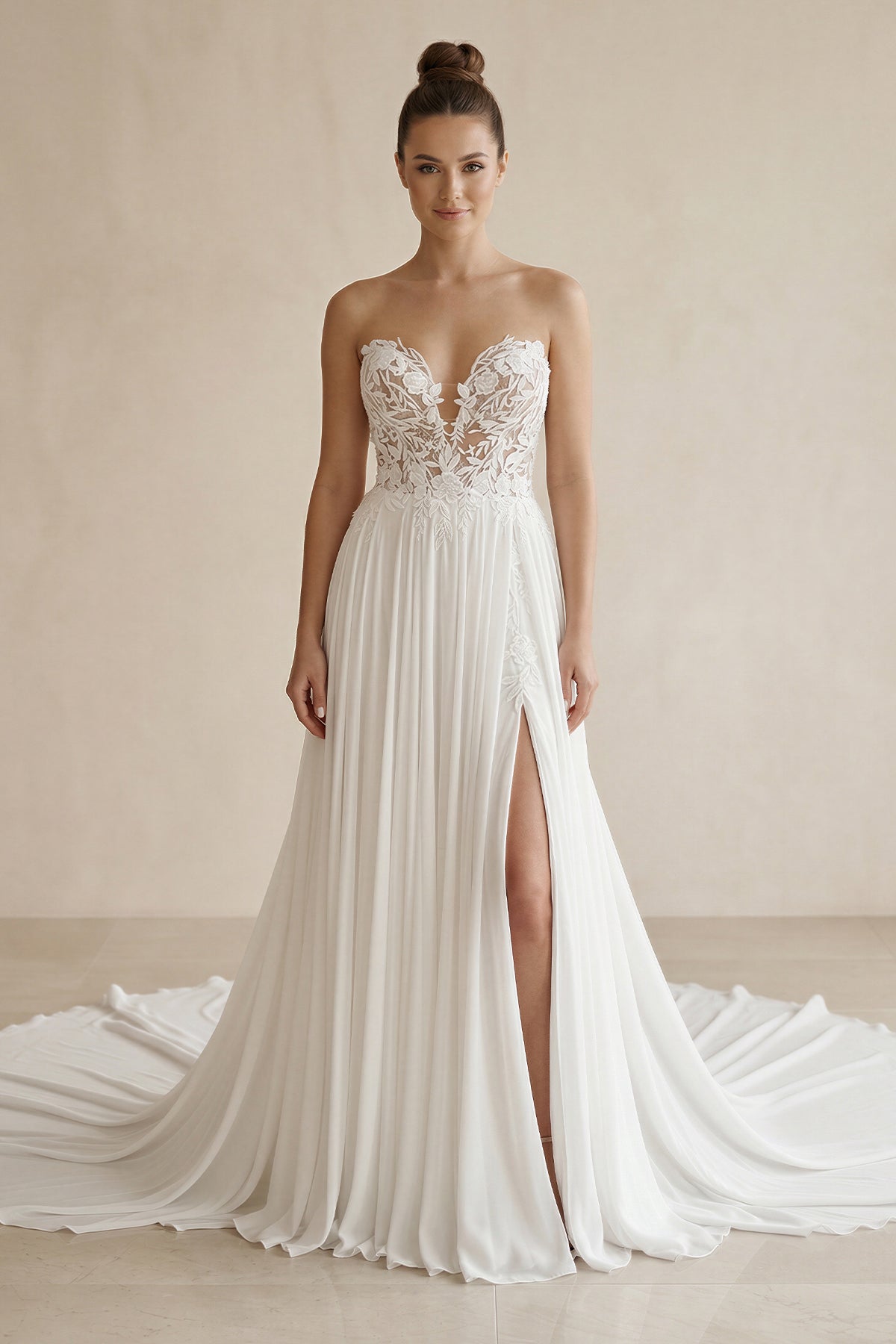 White Sweetheart Long Lace Boho Wedding Dress with Slit