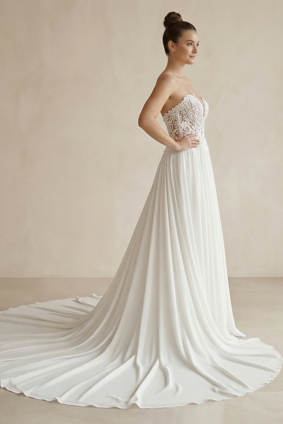 White Sweetheart Long Lace Boho Wedding Dress with Slit
