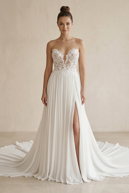 White Sweetheart Long Lace Boho Wedding Dress with Slit